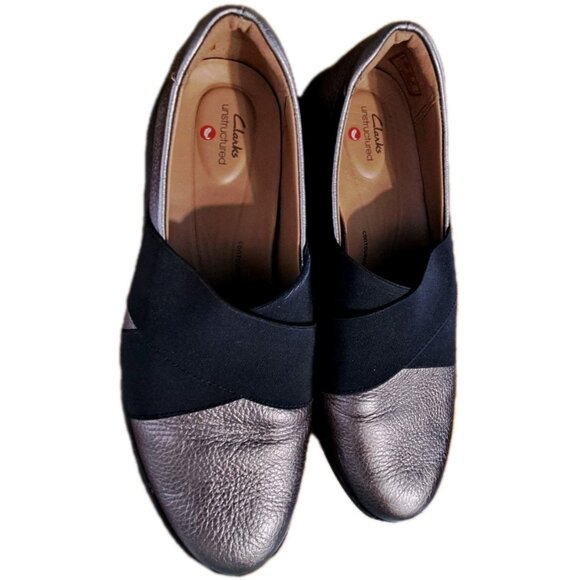 Clarks Unstructured Women's 7.5 Black & Pewter Slip-On Tawnia Band  Loafers - Picture 4 of 10